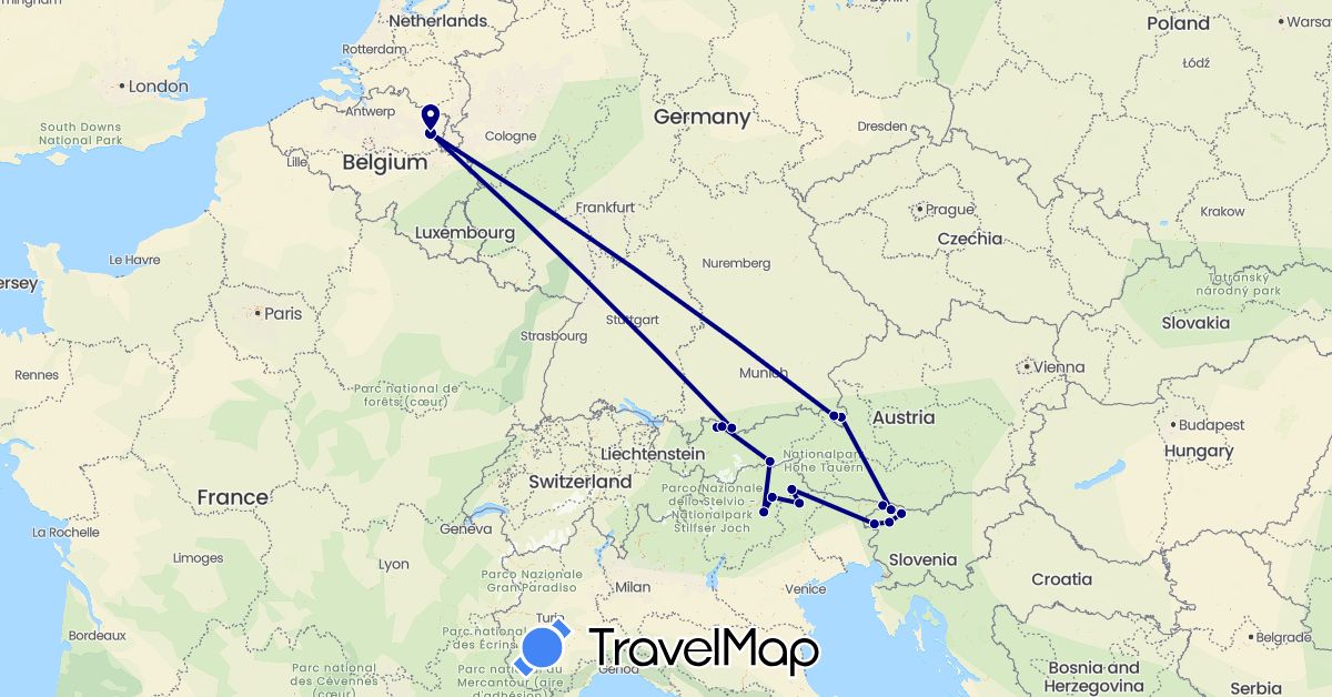 TravelMap itinerary: driving in Austria, Belgium, Germany, Italy, Slovenia (Europe)